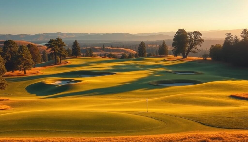 A beautifully illustrated golf course layout, showcasing the architectural brilliance of memorable hole designs. The foreground depicts the fairway, undulating with strategic bunkers and water hazards, inviting golfers to carefully navigate their shots. The middle ground highlights the green, its contours and slopes presenting a captivating challenge. In the background, rolling hills and towering trees frame the scene, creating a serene and picturesque landscape. The lighting is warm and golden, casting a dreamlike quality over the entire composition. Captured through a wide-angle lens, the image conveys a sense of grandeur and immersion, allowing the viewer to envision themselves on this unforgettable golf course. A beautifully illustrated golf course layout, showcasing the architectural brilliance of memorable hole designs. The foreground depicts the fairway, undulating with strategic bunkers and water hazards, inviting golfers to carefully navigate their shots. The middle ground highlights the green, its contours and slopes presenting a captivating challenge. In the background, rolling hills and towering trees frame the scene, creating a serene and picturesque landscape. The lighting is warm and golden, casting a dreamlike quality over the entire composition. Captured through a wide-angle lens, the image conveys a sense of grandeur and immersion, allowing the viewer to envision themselves on this unforgettable golf course.