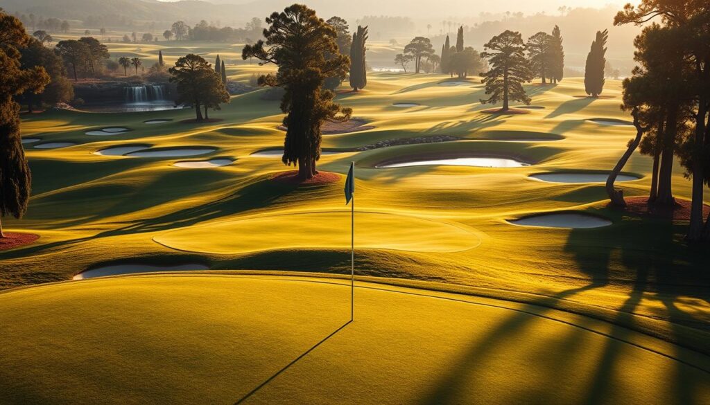 A lush, expansive golf course landscape, with undulating fairways and strategically placed bunkers and water hazards. In the foreground, a meticulously manicured green, the pin flag fluttering gently in the breeze. Surrounding the green, the iconic features that define a championship course - dramatic sand traps, cascading water features, and towering cypress trees framing the scene. Warm, golden sunlight bathes the entire layout, casting long shadows and highlighting the intricate textures of the course. The overall atmosphere conveys a sense of challenge, prestige, and the timeless beauty of the sport of golf. A lush, expansive golf course landscape, with undulating fairways and strategically placed bunkers and water hazards. In the foreground, a meticulously manicured green, the pin flag fluttering gently in the breeze. Surrounding the green, the iconic features that define a championship course - dramatic sand traps, cascading water features, and towering cypress trees framing the scene. Warm, golden sunlight bathes the entire layout, casting long shadows and highlighting the intricate textures of the course. The overall atmosphere conveys a sense of challenge, prestige, and the timeless beauty of the sport of golf.