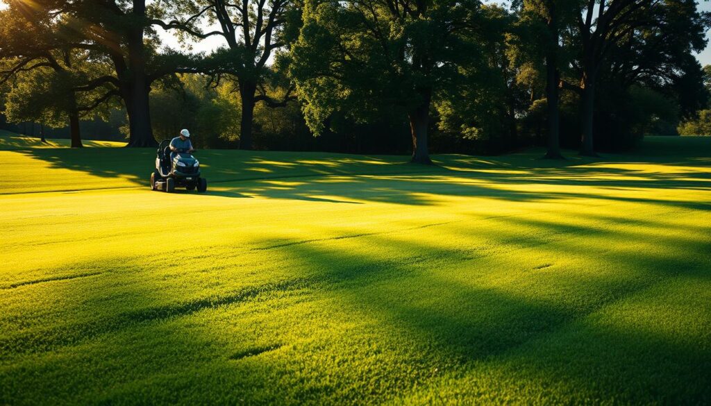 A lush, meticulously maintained fairway under a warm, golden-hour sun. In the foreground, a groundskeeper skillfully operates a riding mower, carefully trimming the verdant carpet of grass. The middle ground showcases a well-aerated, freshly top-dressed fairway, its undulating contours highlighted by strategic shadows. In the background, towering trees cast dappled patterns of light and shade, creating a serene, natural ambiance. The scene conveys a sense of careful attention and harmonious balance between human stewardship and the beauty of the natural landscape. A lush, meticulously maintained fairway under a warm, golden-hour sun. In the foreground, a groundskeeper skillfully operates a riding mower, carefully trimming the verdant carpet of grass. The middle ground showcases a well-aerated, freshly top-dressed fairway, its undulating contours highlighted by strategic shadows. In the background, towering trees cast dappled patterns of light and shade, creating a serene, natural ambiance. The scene conveys a sense of careful attention and harmonious balance between human stewardship and the beauty of the natural landscape.