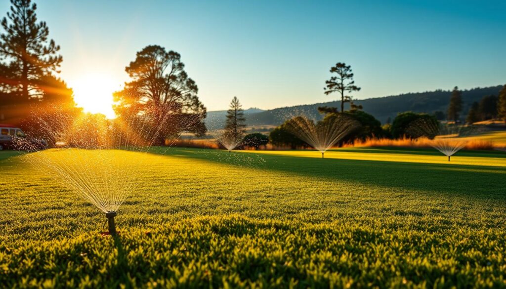 A lush, verdant golf course fairway with a state-of-the-art irrigation system at its heart. The system's intricate network of sleek, modern sprinklers and pipes are meticulously integrated into the landscape, blending seamlessly with the neatly manicured turf. Glistening water droplets catch the warm, golden sunlight, creating a dazzling, prismatic effect. In the background, towering trees and rolling hills frame the serene scene, conveying a sense of harmony between nature and technology. The entire composition evokes a tranquil, sustainable oasis, a testament to the delicate balance required for fairway perfection. A lush, verdant golf course fairway with a state-of-the-art irrigation system at its heart. The system's intricate network of sleek, modern sprinklers and pipes are meticulously integrated into the landscape, blending seamlessly with the neatly manicured turf. Glistening water droplets catch the warm, golden sunlight, creating a dazzling, prismatic effect. In the background, towering trees and rolling hills frame the serene scene, conveying a sense of harmony between nature and technology. The entire composition evokes a tranquil, sustainable oasis, a testament to the delicate balance required for fairway perfection.