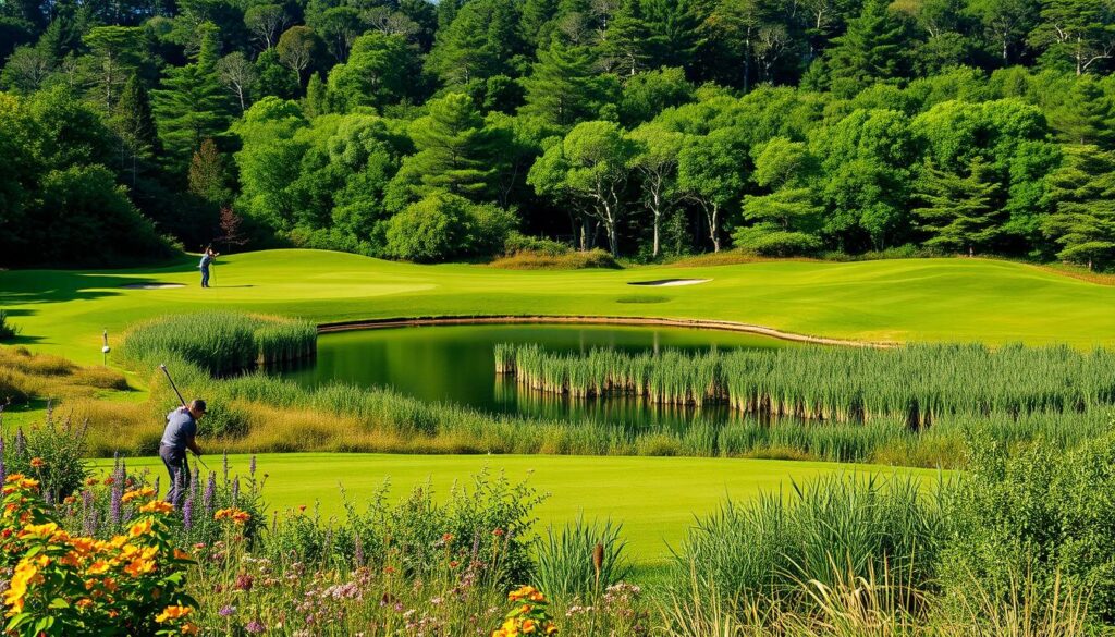 A lush, verdant golf course nestled amidst rolling hills and dense, flourishing vegetation. In the foreground, golfers tee off on a perfectly manicured fairway, surrounded by native wildflowers and strategically placed bunkers. The middle ground features a serene, crystal-clear pond reflecting the azure sky above, its banks dotted with tall, swaying reeds. In the background, a dense forest of towering, ancient trees provides a natural, sustainable backdrop, their branches casting soft, dappled shadows across the scene. The lighting is natural and warm, creating a peaceful, harmonious atmosphere that embodies the principles of eco-friendly golf course design. A lush, verdant golf course nestled amidst rolling hills and dense, flourishing vegetation. In the foreground, golfers tee off on a perfectly manicured fairway, surrounded by native wildflowers and strategically placed bunkers. The middle ground features a serene, crystal-clear pond reflecting the azure sky above, its banks dotted with tall, swaying reeds. In the background, a dense forest of towering, ancient trees provides a natural, sustainable backdrop, their branches casting soft, dappled shadows across the scene. The lighting is natural and warm, creating a peaceful, harmonious atmosphere that embodies the principles of eco-friendly golf course design.