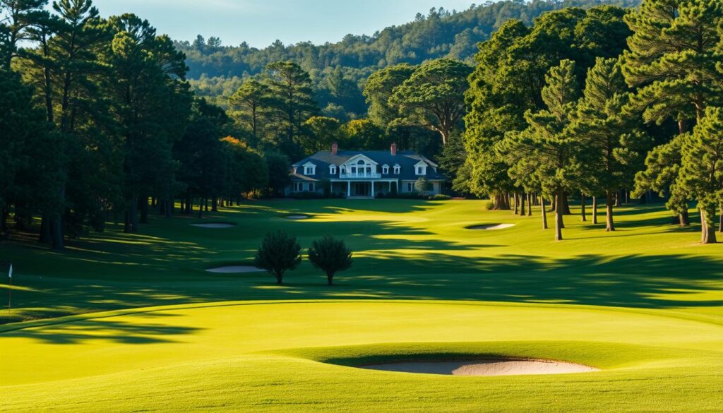 A lush, verdant golf course unfolds before the viewer, showcasing a dramatic transformation. In the foreground, meticulously manicured fairways wind through undulating hills, dotted with strategically placed sand traps and water hazards. The middle ground features a picturesque clubhouse, its architecture blending seamlessly with the natural surroundings. Towering trees line the perimeter, casting gentle shadows and creating a serene, inviting atmosphere. The lighting is soft and natural, with the sun's rays filtering through the foliage and casting a warm, golden glow over the entire scene. The camera angle is slightly elevated, allowing for a panoramic view that captures the scale and grandeur of the course's transformation. The overall mood is one of tranquility, elegance, and a sense of timeless, pristine beauty. A lush, verdant golf course unfolds before the viewer, showcasing a dramatic transformation. In the foreground, meticulously manicured fairways wind through undulating hills, dotted with strategically placed sand traps and water hazards. The middle ground features a picturesque clubhouse, its architecture blending seamlessly with the natural surroundings. Towering trees line the perimeter, casting gentle shadows and creating a serene, inviting atmosphere. The lighting is soft and natural, with the sun's rays filtering through the foliage and casting a warm, golden glow over the entire scene. The camera angle is slightly elevated, allowing for a panoramic view that captures the scale and grandeur of the course's transformation. The overall mood is one of tranquility, elegance, and a sense of timeless, pristine beauty.