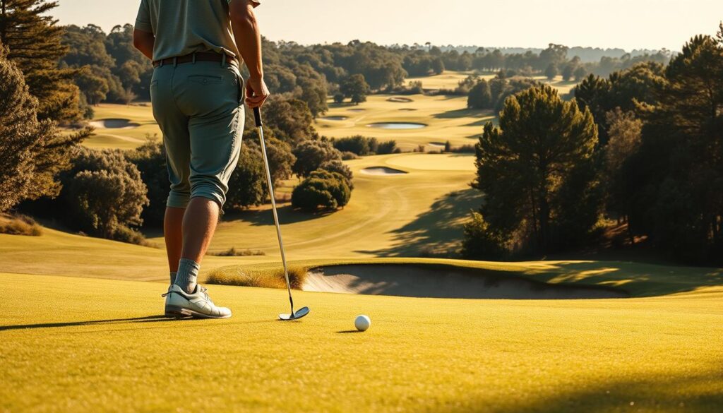 A picturesque golf course on a sunny day, with a strategic layout of fairways, bunkers, and water hazards. In the foreground, a golfer stands over their ball, carefully considering their next move. The middle ground showcases the challenging obstacles they must navigate, such as a narrow fairway flanked by dense foliage and a treacherous sand trap. In the background, the course unfolds, inviting the golfer to ponder their overall strategy for tackling this hole. The scene is captured with a cinematic wide-angle lens, creating a sense of depth and immersion. Warm, golden lighting casts dramatic shadows, heightening the intensity of the moment and the golfer's focus on overcoming the unique challenges presented by this particular hole.