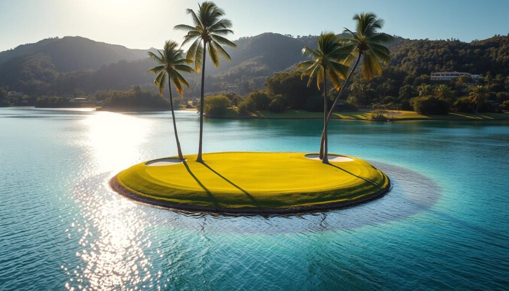 A picturesque island green surrounded by crystal-clear turquoise waters, situated in the middle of a serene lake. Sunlight glistens off the water's surface, casting a warm, inviting glow on the meticulously manicured putting green. Tall, swaying palm trees frame the scene, adding a touch of tropical tranquility. The green is expansive, with subtle undulations and strategically placed bunkers, presenting a captivating challenge for golfers. In the distance, rolling hills and lush, verdant foliage create a stunning natural backdrop, enhancing the overall sense of seclusion and exclusivity. Framed by a wide-angle lens, this memorable golf hole evokes a feeling of pure golfing bliss and serenity. A picturesque island green surrounded by crystal-clear turquoise waters, situated in the middle of a serene lake. Sunlight glistens off the water's surface, casting a warm, inviting glow on the meticulously manicured putting green. Tall, swaying palm trees frame the scene, adding a touch of tropical tranquility. The green is expansive, with subtle undulations and strategically placed bunkers, presenting a captivating challenge for golfers. In the distance, rolling hills and lush, verdant foliage create a stunning natural backdrop, enhancing the overall sense of seclusion and exclusivity. Framed by a wide-angle lens, this memorable golf hole evokes a feeling of pure golfing bliss and serenity.