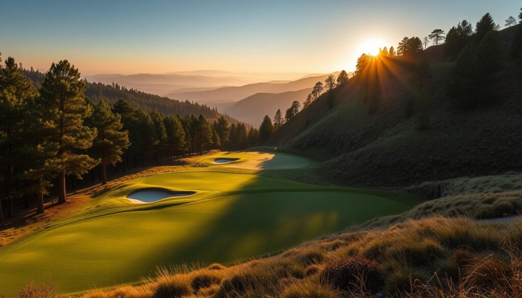 A rugged landscape of undulating hills and deep ravines unfolds at Copeland Hills, revealing the course's most daunting challenges. In the foreground, a fairway winds through towering pines, the green guarded by deep bunkers and a treacherous water hazard. In the middle ground, a steep, tree-lined slope rises sharply, testing players' nerves and club selection. Distant peaks loom in the hazy background, the setting sun casting long shadows and lending an air of mystery to the scene. Dramatic lighting and a telephoto lens capture the course's raw, unforgiving beauty, inviting golfers to confront its signature holes with skill, strategy and determination.