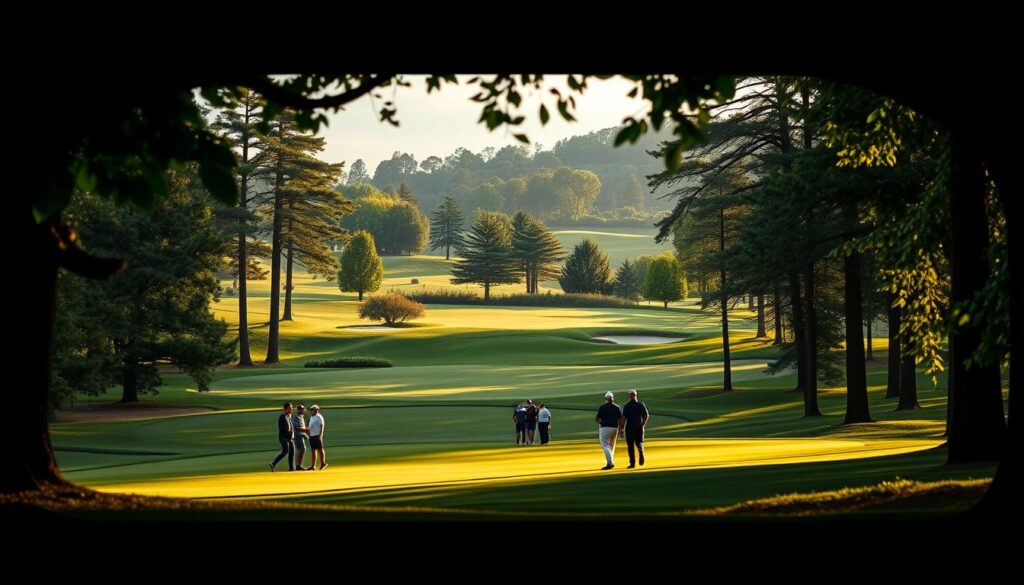 A serene golf course nestled in a lush, verdant landscape. In the foreground, a group of golfers stroll along the meticulously manicured fairway, their focus evident as they study the terrain. The middle ground features a well-maintained green, surrounded by strategically placed bunkers and water hazards, challenging the players' skills. In the background, towering trees and rolling hills frame the scene, creating a picturesque and tranquil atmosphere. Soft, natural lighting filters through the scene, casting a warm glow and enhancing the overall sense of serenity. The image conveys the essence of what golfers value most - a beautifully designed course that offers both visual appeal and a stimulating gameplay experience. A serene golf course nestled in a lush, verdant landscape. In the foreground, a group of golfers stroll along the meticulously manicured fairway, their focus evident as they study the terrain. The middle ground features a well-maintained green, surrounded by strategically placed bunkers and water hazards, challenging the players' skills. In the background, towering trees and rolling hills frame the scene, creating a picturesque and tranquil atmosphere. Soft, natural lighting filters through the scene, casting a warm glow and enhancing the overall sense of serenity. The image conveys the essence of what golfers value most - a beautifully designed course that offers both visual appeal and a stimulating gameplay experience.