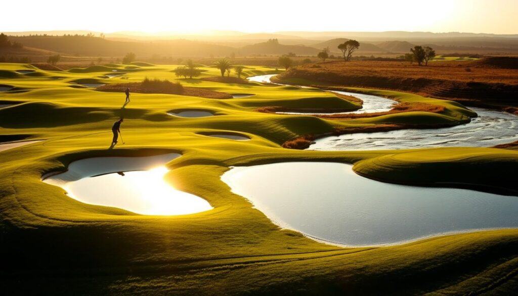 A serene golf course with strategic water features shimmering in the warm, golden sunlight. In the foreground, a dramatic pond or lake, its reflective surface mirroring the surrounding lush greenery and sculpted bunkers. Golfers carefully navigate the fairway, forced to consider the hazards and plot their shots with precision. In the middle ground, a gently flowing stream or creek winds through the manicured landscape, adding texture and visual interest. The background showcases a rolling, picturesque landscape, perhaps with distant hills or trees framing the scene. The overall atmosphere conveys a sense of challenge and strategic decision-making, where water features pose both aesthetic and gameplay challenges for the discerning golfer.