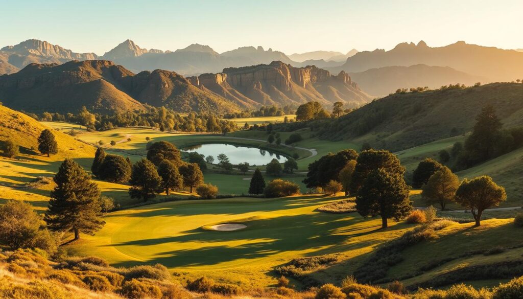 A stunning golf course nestled in a picturesque landscape, with rolling hills and vibrant greenery. In the foreground, a manicured fairway winds through a valley, flanked by towering trees casting dramatic shadows. In the middle ground, a serene pond reflects the surrounding natural beauty, while in the distance, rugged cliffs and peaks rise up, creating a dramatic and awe-inspiring backdrop. The lighting is soft and diffused, casting a warm, golden glow over the entire scene. The composition is carefully balanced, leading the eye through the landscape and inviting the viewer to explore this unique and captivating golf course. A stunning golf course nestled in a picturesque landscape, with rolling hills and vibrant greenery. In the foreground, a manicured fairway winds through a valley, flanked by towering trees casting dramatic shadows. In the middle ground, a serene pond reflects the surrounding natural beauty, while in the distance, rugged cliffs and peaks rise up, creating a dramatic and awe-inspiring backdrop. The lighting is soft and diffused, casting a warm, golden glow over the entire scene. The composition is carefully balanced, leading the eye through the landscape and inviting the viewer to explore this unique and captivating golf course.