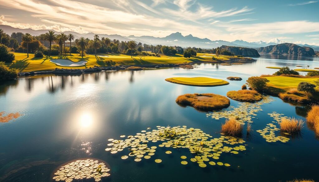 Iconic golf water hazards worldwide, a breathtaking panorama. In the foreground, crystal-clear lakes and rivers reflecting the surrounding landscapes. Glistening ponds dotted with lily pads and reeds, their tranquil surfaces broken by the gentle splash of wildlife. The middle ground features dramatic bunkers and rolling greens, framed by towering palm trees and lush, manicured foliage. In the distance, snow-capped mountains and dramatic cliffs rise majestically, creating a sense of awe and wonder. Warm, golden sunlight filters through wispy clouds, casting a soft, ethereal glow over the entire scene. The overall mood is one of natural beauty, challenge, and the inextricable link between golf and its picturesque aquatic environments.