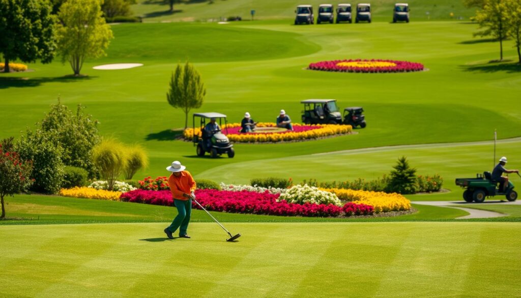 Seasonal maintenance practices unfold against a backdrop of lush greens and vibrant hues. In the foreground, a groundskeeper meticulously trims the fairway, their efficient movements captured in crisp, natural lighting. The middle ground reveals a team of landscapers tending to the flowerbeds, their carefully curated arrangements adding pops of color to the scene. In the distance, a fleet of utility vehicles stands ready, their sleek silhouettes suggesting the careful orchestration of tasks. The atmosphere exudes a sense of purpose and dedication, as the grounds come alive with the rhythm of seasonal upkeep, ensuring the course remains in championship-worthy condition. Seasonal maintenance practices unfold against a backdrop of lush greens and vibrant hues. In the foreground, a groundskeeper meticulously trims the fairway, their efficient movements captured in crisp, natural lighting. The middle ground reveals a team of landscapers tending to the flowerbeds, their carefully curated arrangements adding pops of color to the scene. In the distance, a fleet of utility vehicles stands ready, their sleek silhouettes suggesting the careful orchestration of tasks. The atmosphere exudes a sense of purpose and dedication, as the grounds come alive with the rhythm of seasonal upkeep, ensuring the course remains in championship-worthy condition.