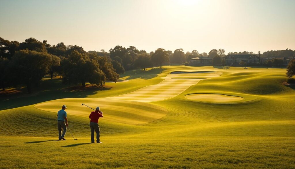 a detailed, realistic golf course landscape with a reversible design trend, showcasing a lush, verdant fairway curving through a rolling, sun-dappled terrain. In the foreground, a group of golfers tee off, their silhouettes backlit by the warm, golden sunlight. The middle ground features a fairway split into two distinct paths, one leading to a traditional green, the other to an innovative, multipurpose green that can be easily reconfigured. In the background, a mix of mature oak trees and contemporary architectural elements blend seamlessly, creating a harmonious, sustainable aesthetic. The scene is captured with a wide-angle lens, accentuating the depth and complexity of the reversible golf course design. a detailed, realistic golf course landscape with a reversible design trend, showcasing a lush, verdant fairway curving through a rolling, sun-dappled terrain. In the foreground, a group of golfers tee off, their silhouettes backlit by the warm, golden sunlight. The middle ground features a fairway split into two distinct paths, one leading to a traditional green, the other to an innovative, multipurpose green that can be easily reconfigured. In the background, a mix of mature oak trees and contemporary architectural elements blend seamlessly, creating a harmonious, sustainable aesthetic. The scene is captured with a wide-angle lens, accentuating the depth and complexity of the reversible golf course design.