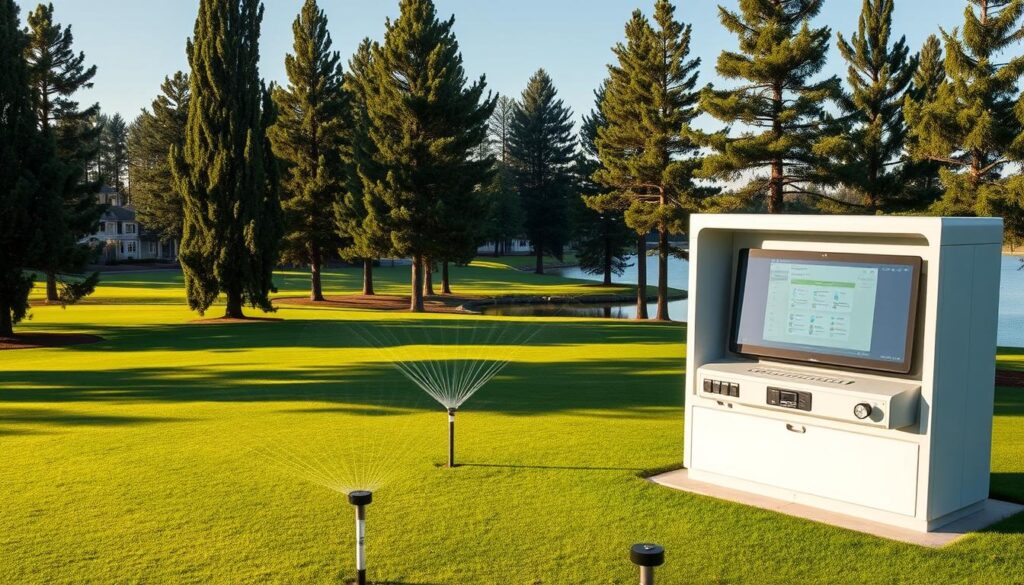 a highly advanced, sustainable golf course irrigation system, with precision sprinklers and flow sensors strategically positioned across the lush green fairways. The system is housed in a sleek, minimalist control center with a digital touchscreen interface, allowing groundskeepers to meticulously monitor and optimize water usage. Surrounding the control center are towering cypress trees, casting warm, golden light across the meticulously manicured landscape. In the distance, a serene lake reflects the clear blue sky, creating a harmonious and environmentally-conscious scene that embodies the principles of sustainable golf course maintenance. a highly advanced, sustainable golf course irrigation system, with precision sprinklers and flow sensors strategically positioned across the lush green fairways. The system is housed in a sleek, minimalist control center with a digital touchscreen interface, allowing groundskeepers to meticulously monitor and optimize water usage. Surrounding the control center are towering cypress trees, casting warm, golden light across the meticulously manicured landscape. In the distance, a serene lake reflects the clear blue sky, creating a harmonious and environmentally-conscious scene that embodies the principles of sustainable golf course maintenance.