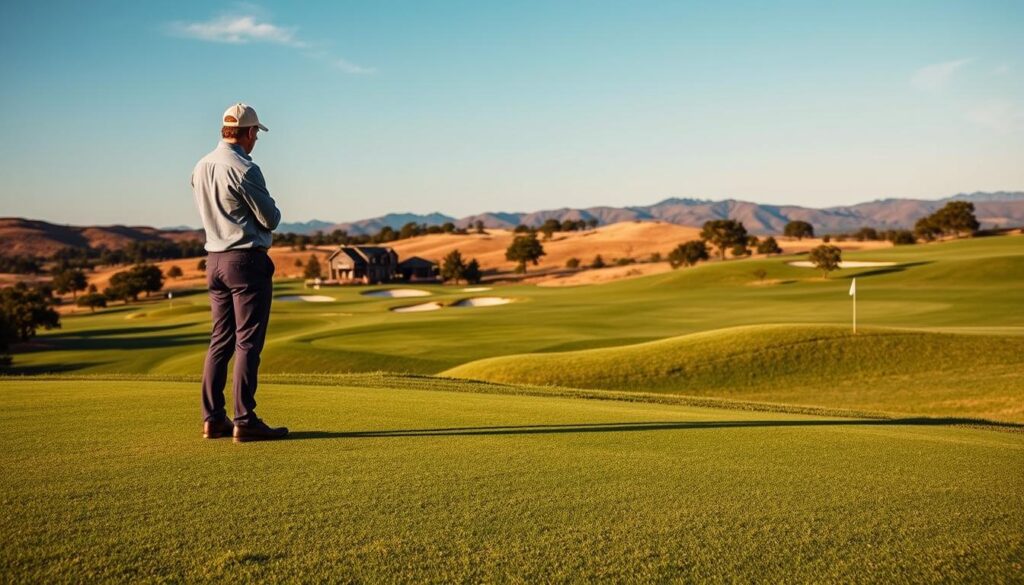 A beautifully designed golf course featuring strategic dogleg holes, showcasing both left and right doglegs. In the foreground, a meticulously manicured fairway curves gracefully around a series of strategically placed bunkers and trees, inviting thoughtful shot placement. The middle ground reveals a golfer in smart casual attire, studying the course layout with a focused expression, considering their options. In the background, rolling hills and a vibrant blue sky complete the serene landscape, bathed in warm, golden sunlight that casts soft shadows. The perspective is slightly elevated to capture the complexity of the dogleg design, emphasizing the strategic elements of the game, creating a sense of challenge and intrigue. The atmosphere is calm yet charged with anticipation, underlining the art of golf course design.