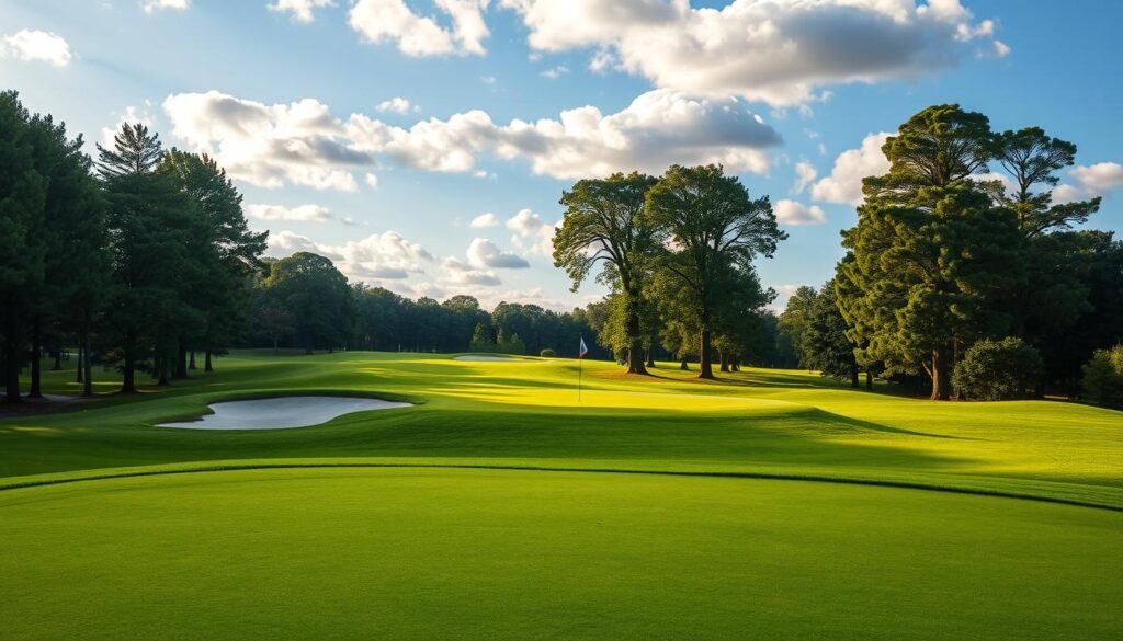 A beautifully designed strategic short par 4 golf hole, featuring a vibrant green fairway winding through majestic trees. In the foreground, a well-manicured tee box with colorful tee markers, set against a background of lush grass and strategically placed bunkers. The middle ground showcases a narrow fairway leading directly to a small green, subtly elevated and surrounded by natural obstacles like water hazards and dense foliage, creating an inviting yet challenging atmosphere. The background displays a clear blue sky with scattered clouds, and sunlight casting warm hues over the scene, accentuating the tranquil yet exhilarating mood of a perfect golfing day. The perspective is from a slightly elevated angle, highlighting both danger and opportunity for birdies in this picturesque golf setting, free from any text or markings.