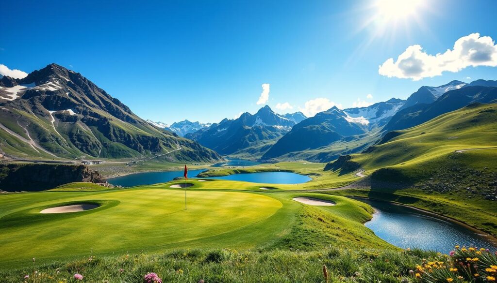 A breathtaking mountain golf course showcasing its signature hole, featuring elevated tee boxes overlooking a lush green fairway that slopes down to a striking blue lake. In the foreground, a well-manicured green with a flag gently fluttering in the wind and strategically placed sand traps enhance the challenge. The middle ground displays rugged mountain peaks with patches of snow, contrasted against the vibrant colors of lush grass and wildflowers under the bright midday sun, casting dynamic shadows. The background captures a clear blue sky with a few fluffy clouds. The atmosphere is exhilarating and adventurous, embodying the essence of high-altitude golfing. The scene is shot from a slightly elevated angle with a wide lens to encompass the vast beauty of the course and its dramatic mountain surroundings.