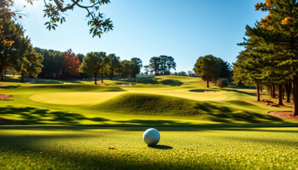 A challenging dogleg golf hole is depicted, showcasing a dramatic left turn framed by lush green fairways and strategically placed trees. In the foreground, a well-maintained tee box is visible, with a golf ball poised for a shot. The middle ground features the dogleg bend, emphasizing the curvature and elevation changes of the course. Bright morning sunlight illuminates the scene, casting dynamic shadows to enhance the contours of the landscape. In the background, a vibrant blue sky contrasts with the rich greenery, suggesting an inviting yet challenging course. The atmosphere is one of anticipation and focus, ideal for golfers strategizing their next move on this complex hole. The image should be captured from a low angle, emphasizing the difficulty of the shot while maintaining a sense of immersion in the golf environment.