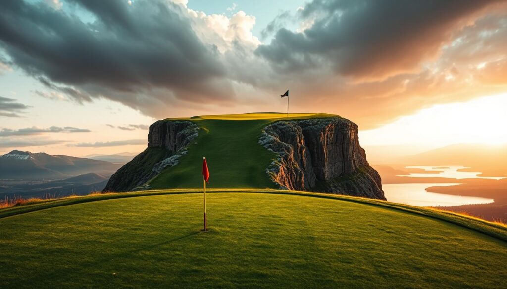 A challenging par 3 golf hole design, featuring a striking green perched atop a rugged cliff, surrounded by a scenic landscape. In the foreground, a meticulously manicured tee box with vibrant grass and a wooden tee marker. The middle ground showcases the green, strategically placed in the center, with tricky bunkers and undulating fairways leading to it. The background features a dramatic sky at golden hour, casting warm, soft lighting across the scene, with distant mountains and a serene lake reflecting the hues. The atmosphere evokes excitement and tension as golfers assess the difficult shot. Photographed from a low angle to emphasize the elevation of the green, ensuring a dynamic composition. No people present.