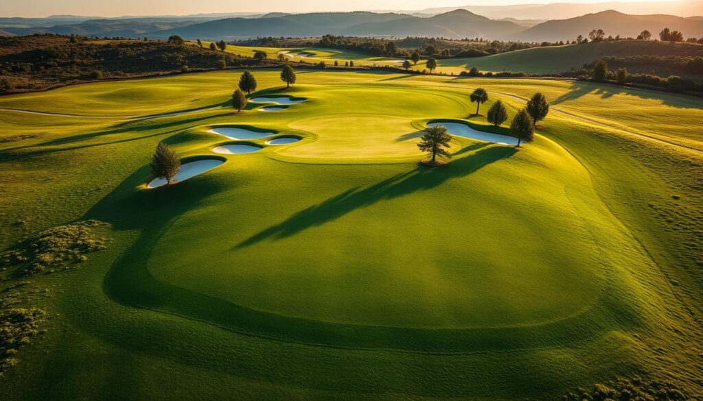 A detailed, aerial view of a short par 4 golf hole, showcasing a vibrant green fairway lined with strategically placed bunkers and water hazards. The foreground features a well-groomed, lush fairway leading towards a meticulously designed green with subtle undulations. In the middle, include varied elevations and slopes, with a few scattered trees framing the hole and presenting both opportunities and obstacles for players. The background should fade into a scenic landscape, highlighting rolling hills under a soft, golden hour light that casts elongated shadows, enhancing the golfing atmosphere. Capture the mood of excitement and strategy, focusing on the balance between risk and reward in this unique design. Utilize a wide-angle lens perspective to create depth and interest in the composition.