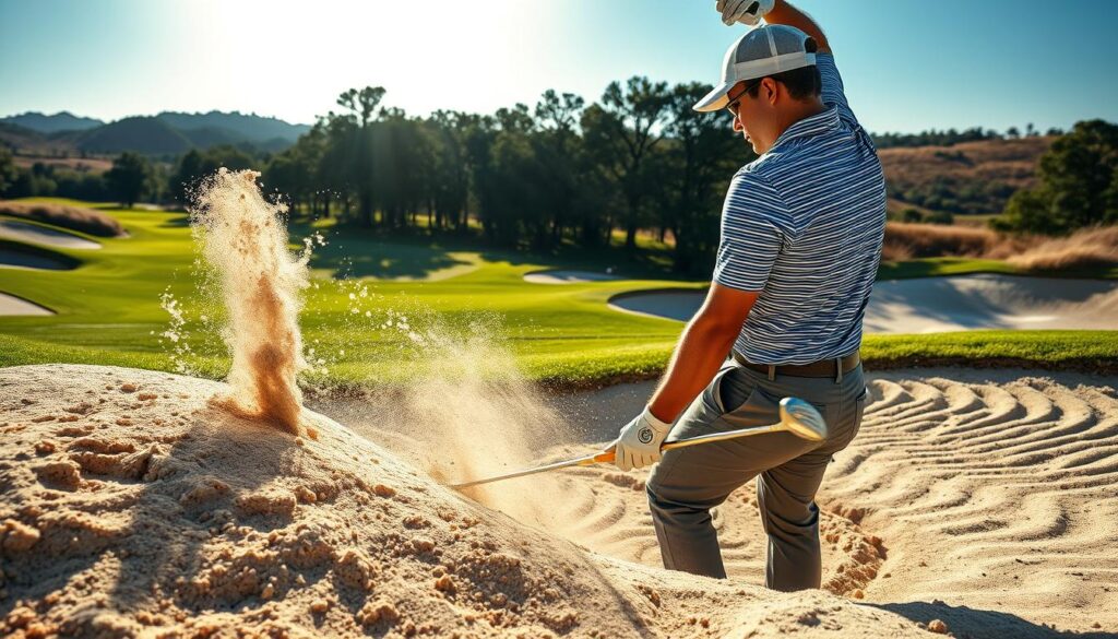 A dramatic golf scene at a renowned bunker-lined hole, showcasing intense action as a golfer, dressed in smart casual attire, prepares to hit a challenging sand shot from a deep bunker. In the foreground, the golfer's focused expression captures the moment's tension, while the soft sand sprays around as a club strikes. The middle ground features the glaring sun casting long shadows across the perfectly manicured green and surrounding sand traps, some adorned with intricate dune patterns. In the background, lush trees and rolling hills frame the scene, evoking a vibrant summer day. Use a low-angle perspective with a depth of field that highlights the golfer while softly blurring the surrounding landscape. The overall atmosphere is charged with anticipation and determination, symbolizing the memorable battles golfers face in the sand. A dramatic golf scene at a renowned bunker-lined hole, showcasing intense action as a golfer, dressed in smart casual attire, prepares to hit a challenging sand shot from a deep bunker. In the foreground, the golfer's focused expression captures the moment's tension, while the soft sand sprays around as a club strikes. The middle ground features the glaring sun casting long shadows across the perfectly manicured green and surrounding sand traps, some adorned with intricate dune patterns. In the background, lush trees and rolling hills frame the scene, evoking a vibrant summer day. Use a low-angle perspective with a depth of field that highlights the golfer while softly blurring the surrounding landscape. The overall atmosphere is charged with anticipation and determination, symbolizing the memorable battles golfers face in the sand.
