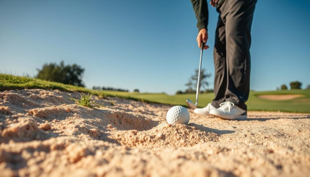 A golfer in professional attire stands poised at the edge of a sandy bunker, demonstrating a sand trap recovery technique. The foreground features the golfer, holding a wedge with a focused expression, while the textured sand beneath their feet highlights the challenge of the bunker. In the middle ground, the golf ball is half-buried in the sand, with sparse tufts of grass surrounding the bunker, indicating a well-maintained golf course. The background reveals a lush green fairway and distant trees under a clear blue sky, creating a serene atmosphere. The lighting is warm and inviting, capturing the afternoon sun and casting soft shadows. A low-angle perspective emphasizes the golfer's stance and the depth of the sand trap, adding a dynamic feel to the composition. A golfer in professional attire stands poised at the edge of a sandy bunker, demonstrating a sand trap recovery technique. The foreground features the golfer, holding a wedge with a focused expression, while the textured sand beneath their feet highlights the challenge of the bunker. In the middle ground, the golf ball is half-buried in the sand, with sparse tufts of grass surrounding the bunker, indicating a well-maintained golf course. The background reveals a lush green fairway and distant trees under a clear blue sky, creating a serene atmosphere. The lighting is warm and inviting, capturing the afternoon sun and casting soft shadows. A low-angle perspective emphasizes the golfer's stance and the depth of the sand trap, adding a dynamic feel to the composition.