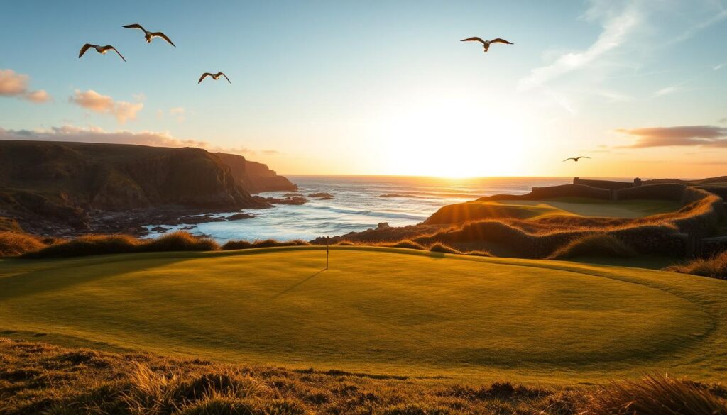 A historic coastal golf hole, featuring a classic links layout with undulating turf and native grasses. In the foreground, a well-manicured fairway leads to a slightly elevated green, dotted with traditional wooden tee markers. To the left, a rugged coastline kisses the edge of the course, with rolling waves breaking against rocky cliffs. In the middle ground, ancient stone walls and a few weathered bunkers add character to the scene, while seagulls soar overhead. The background showcases a dramatic sunset sky, casting warm golden light across the landscape, highlighting the textures of the grass and the adjacent shore. The mood is serene yet exhilarating, embodying the timeless beauty of historic links golf. The image should be captured from a low angle, emphasizing the depth of the hole and the surrounding environment, with a wide-angle lens to capture the expansive view.