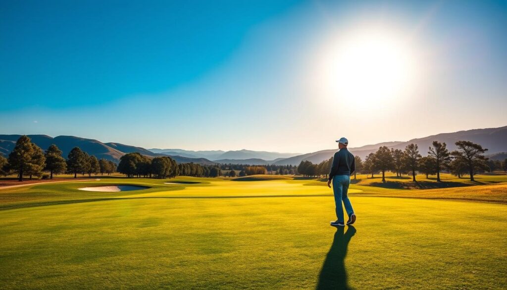 A long par 5 golf hole designed for elite courses, showcasing a stunning landscape. In the foreground, a meticulously manicured green adorned with strategically placed bunkers and a smooth fairway winding uphill. In the middle ground, a series of majestic trees lining the sides of the hole, providing a natural barrier. The background features rolling hills under a clear blue sky, with the sun casting warm, golden light across the scene. A golfer in professional attire is positioned thoughtfully near the tee box, contemplating their next shot. The angle captures the depth and challenge of the hole, evoking a sense of awe and respect for this iconic monster par 5. The atmosphere feels vibrant and invigorating, inviting players to conquer the challenge ahead.