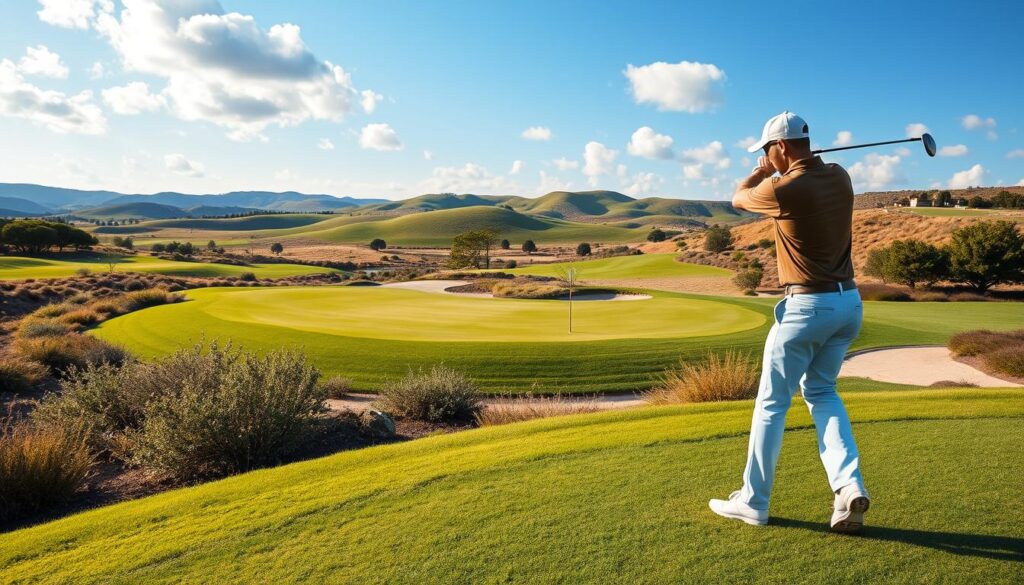 A lush golf course featuring a signature par 3 hole, designed with vibrant colors and captivating scenery. In the foreground, a golfer in smart casual clothing is poised to tee off, showcasing a focused and determined expression. In the middle ground, the par 3 green is nestled among meticulously manicured landscaping, with subtle sand traps and water hazards adding to the challenge. The background features rolling hills under a bright blue sky, with fluffy white clouds scattered above, creating a serene atmosphere. Soft, natural lighting enhances the vivid greens and serene blues, while a slightly elevated angle captures the entire scene, emphasizing the beauty and strategy involved in tackling signature par 3s.