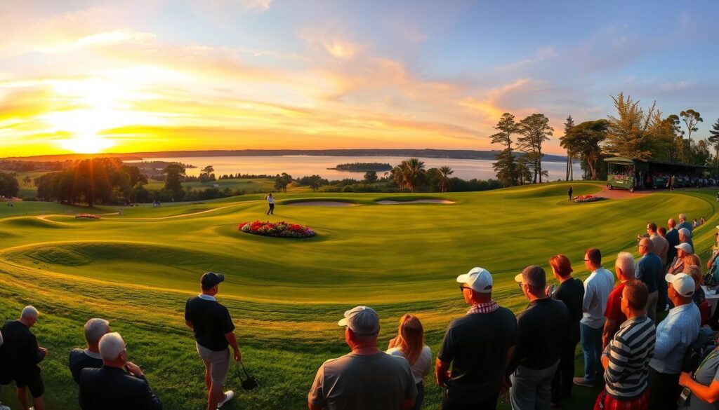 A panoramic view of a scenic golf course during a vibrant sunset, showcasing rolling green hills and meticulously maintained fairways. In the foreground, a diverse group of spectators in smart casual attire is gathered, animatedly watching a key moment on the course. Their expressions range from anticipation to excitement. In the middle ground, a dramatic hole surrounded by colorful flowerbeds and strategically placed bunkers draws attention. The background features majestic trees and a distant shimmering lake reflecting the warm hues of the sunset. The scene is captured from a low angle, emphasizing the lush landscape and the dynamic atmosphere. Soft, golden lighting enhances the mood, creating a sense of wonder and exhilaration in this visual tour of top spectator spots.