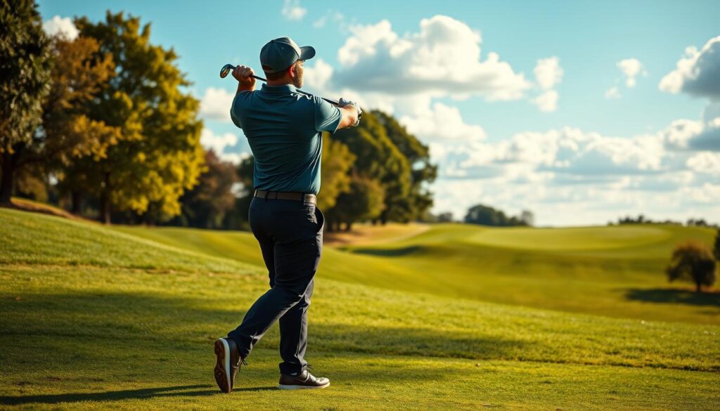 A professional golfer adjusting their stance to play an uphill hole on a lush, green golf course. In the foreground, focus on the golfer, wearing a smart polo shirt and golf cap, mid-swing with a driver, showcasing concentration and precision. The middle ground features a gently sloping fairway leading up to a distant green, framed by trees basking in the warm afternoon sunlight. In the background, a blue sky dotted with fluffy clouds adds a serene atmosphere, emphasizing a clear day for golfing. The image should capture the strategic nature of adjusting for elevation, with dynamic lighting highlighting the golfer's form and the curvature of the terrain, evoking a sense of focus and determination in the game.