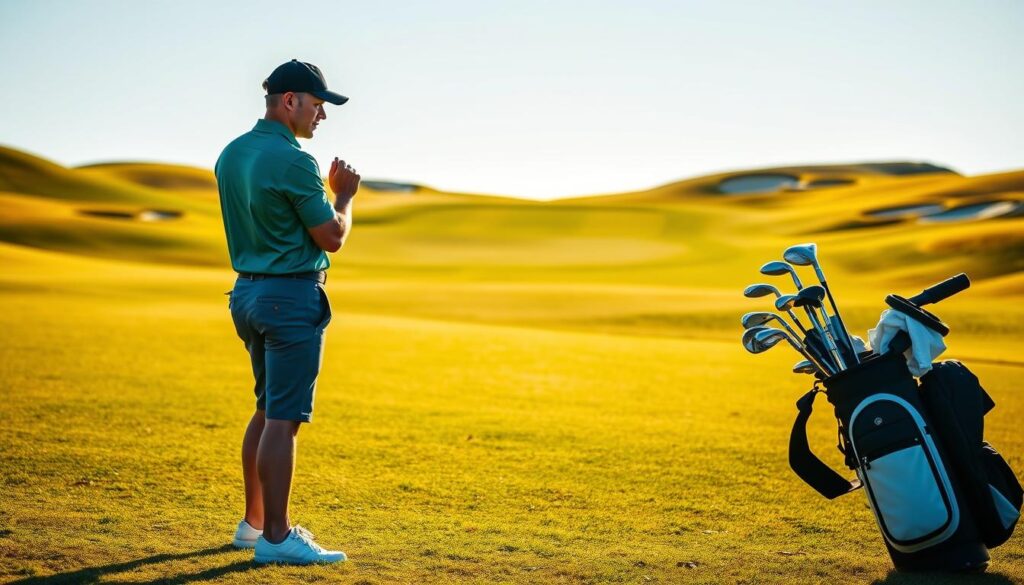 A professional golfer in a smart polo shirt and tailored shorts stands on the lush green grass of an opening hole at a championship golf course. In the foreground, the golfer is positioned in a thoughtful pose, holding a selection of golf clubs, with an array visible in a golf bag nearby. The middle ground features a well-manicured fairway leading toward a distant green, bordered by gentle hills and strategically placed sand traps. Soft morning light casts a golden glow, enhancing the vibrant greenery and creating gentle shadows. The background includes a clear blue sky, emphasizing the serene yet competitive atmosphere of the golf course. The overall mood conveys determination and focus, showcasing the importance of strategy and club selection on the opening hole.