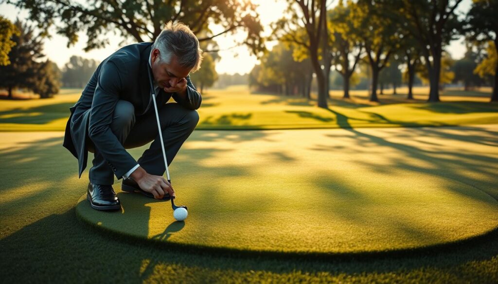 A professional golfer in business attire concentrating on a challenging multilevel green putting surface, showcasing the contours and slopes that illustrate the strategy of reading and attacking contour-heavy putting surfaces. In the foreground, the golfer kneels beside the ball, carefully analyzing the green's undulations, with a focused expression. In the middle ground, the green is lush and vibrant, displaying dramatic elevation changes and shadowing that emphasizes the difficulty of the putts. The background features a sun-drenched golf course with trees lining the horizon, casting long shadows across the green. The lighting is soft and natural, evoking a calm yet intense atmosphere as afternoon sunlight filters through the leaves, creating intricate patterns on the green. The image captures the determination and strategy integral to sinking tough putts. A professional golfer in business attire concentrating on a challenging multilevel green putting surface, showcasing the contours and slopes that illustrate the strategy of reading and attacking contour-heavy putting surfaces. In the foreground, the golfer kneels beside the ball, carefully analyzing the green's undulations, with a focused expression. In the middle ground, the green is lush and vibrant, displaying dramatic elevation changes and shadowing that emphasizes the difficulty of the putts. The background features a sun-drenched golf course with trees lining the horizon, casting long shadows across the green. The lighting is soft and natural, evoking a calm yet intense atmosphere as afternoon sunlight filters through the leaves, creating intricate patterns on the green. The image captures the determination and strategy integral to sinking tough putts.