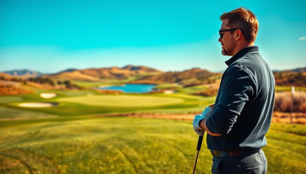 A professional golfer stands poised on a lush, well-manicured par 5 hole, carefully assessing shot selection strategies. In the foreground, the golfer, dressed in smart casual attire, studies the fairway with a focused expression, holding a driver club. The middle ground features a stunning green surrounded by strategically placed bunkers and water hazards, illustrating the risk-reward aspect. Rolling hills and a bright blue sky form the background, adding depth to the scene. Soft, natural lighting emphasizes the golfer's concentration, while a slightly elevated angle captures both the golfer and the course layout. The overall mood is one of strategic contemplation and excitement, showcasing the nuances of professional golf shot selection.