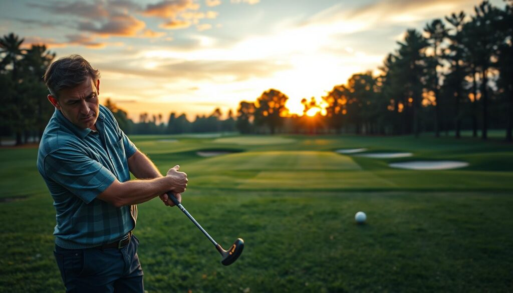 A scenic golf course at dusk, featuring a weary but determined male golfer in smart casual attire, displaying signs of mental fatigue such as a furrowed brow and focused gaze. In the foreground, the golfer is mid-swing, with a golf club extended towards the ball, emphasizing the effort and concentration involved. The middle ground showcases a long, challenging par 5 hole lined with lush green grass and strategically placed bunkers. The background features tall trees under a colorful sunset, casting golden light across the scene. The atmosphere is one of intense focus and overcoming adversity, with shadows adding depth and intrigue. Use a wide-angle perspective to capture the vastness of the course and the golfer's struggle against fatigue.