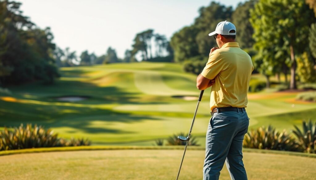 A scenic golf course featuring an uphill hole surrounded by lush greenery, with a golfer in the foreground consulting a club selection, dressed in smart casual golf attire. The golfer stands on an elevated tee, looking confidently towards the fairway leading to the green atop the hill. In the middle ground, the course undulates gently, with strategically placed bunkers and trees framing the path to the hole. The sky is clear with soft morning light illuminating the scene, creating a warm, inviting atmosphere. The angle captures the golfer's perspective, emphasizing the challenge of club choice and the elevation of the terrain, evoking a sense of strategy and focus in the game of golf.