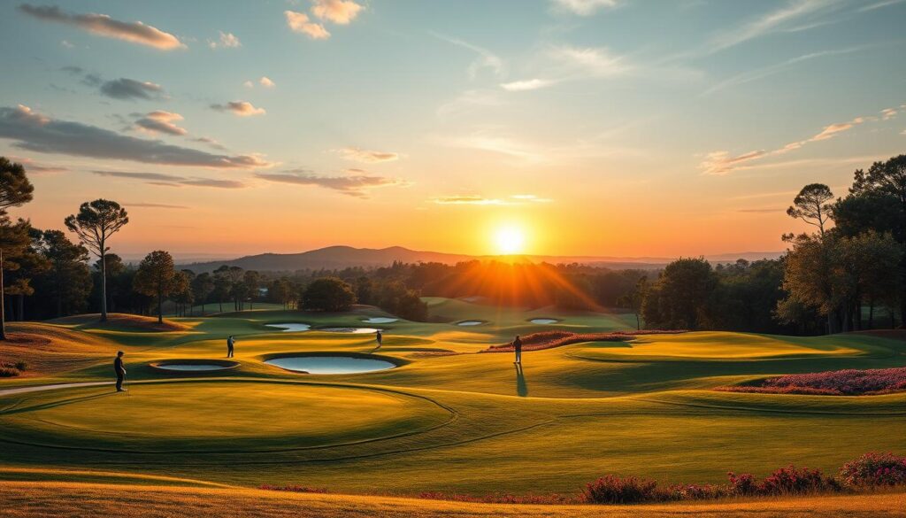 A scenic golf course landscape showcasing various design styles common in championship opening holes. In the foreground, depict meticulously manicured greens featuring strategically placed bunkers and water hazards, with players in professional attire studying their shots. In the middle ground, illustrate diverse hole designs, from the classic tree-lined fairways to modern links-style holes, accentuated by undulating hills and vibrant wildflowers. The background should feature a stunning sunset, casting warm golden light over the entire scene and emphasizing the soft contours of the course. Use a wide-angle lens perspective to capture the vastness and beauty of the layout, creating a tranquil yet inspiring atmosphere that highlights the artistry of golf course design.