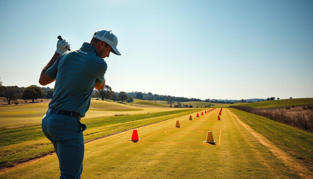 A serene golf course scene featuring a narrow fairway dotted with precision drill markers. In the foreground, a golfer in professional athletic attire is practicing a series of precision drills, focusing intently as they take their swing. The middle ground showcases tightly arranged cones in bright colors lined along the fairway, indicating target zones for accuracy drills. In the background, a lush, green landscape under clear blue skies sets a peaceful atmosphere. Soft, warm sunlight casts gentle shadows, illuminating the golfer's focused expression. The composition captures the dedication to honing skills for navigating narrow fairways, evoking a sense of calm and concentration.