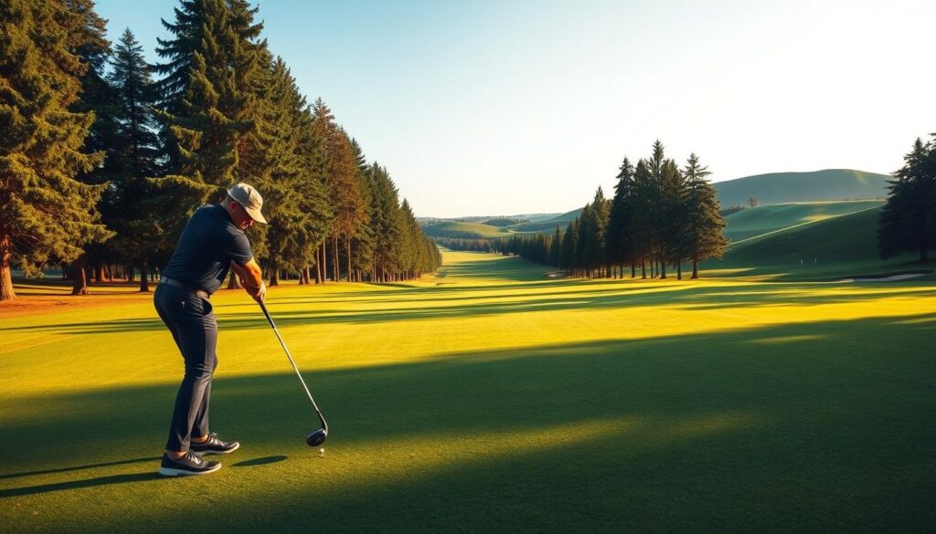 A serene golf course scene showcasing a narrow fairway lined with tall, elegant trees. In the foreground, a focused golfer in smart casual attire prepares for a shot, holding a golf club in a poised stance. The golfer’s body is angled to emphasize shot shaping techniques, highlighting their concentration and strategy. In the middle ground, the fairway narrows dramatically, inviting the viewer to ponder the challenge of accuracy. A beautifully soft, golden afternoon light bathes the entire scene, creating long shadows and a warm atmosphere. In the background, rolling green hills fade into the horizon under a clear blue sky, evoking a sense of calm and focus. The overall mood is one of determination and precision, perfect for illustrating tactical golf strategies.