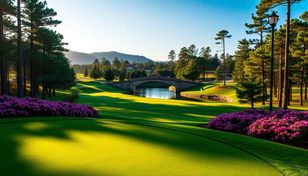 A stunning Augusta-style golf course landscape, featuring meticulously manicured greens surrounded by vibrant azaleas and tall pine trees. In the foreground, a meticulously maintained putting green reflects the attention to detail characteristic of legendary courses. The middle ground captures a signature water hazard, with a picturesque stone bridge gracefully arching over a serene pond. In the background, rolling hills and a bright blue sky create a perfect backdrop. Soft late afternoon sunlight casts warm, golden hues, enhancing the lush greenery. A view from a low angle emphasizes the grandeur and elegance of the design. The atmosphere conveys a sense of tranquility and reverence, inviting viewers to imagine themselves on this iconic course. A stunning Augusta-style golf course landscape, featuring meticulously manicured greens surrounded by vibrant azaleas and tall pine trees. In the foreground, a meticulously maintained putting green reflects the attention to detail characteristic of legendary courses. The middle ground captures a signature water hazard, with a picturesque stone bridge gracefully arching over a serene pond. In the background, rolling hills and a bright blue sky create a perfect backdrop. Soft late afternoon sunlight casts warm, golden hues, enhancing the lush greenery. A view from a low angle emphasizes the grandeur and elegance of the design. The atmosphere conveys a sense of tranquility and reverence, inviting viewers to imagine themselves on this iconic course.