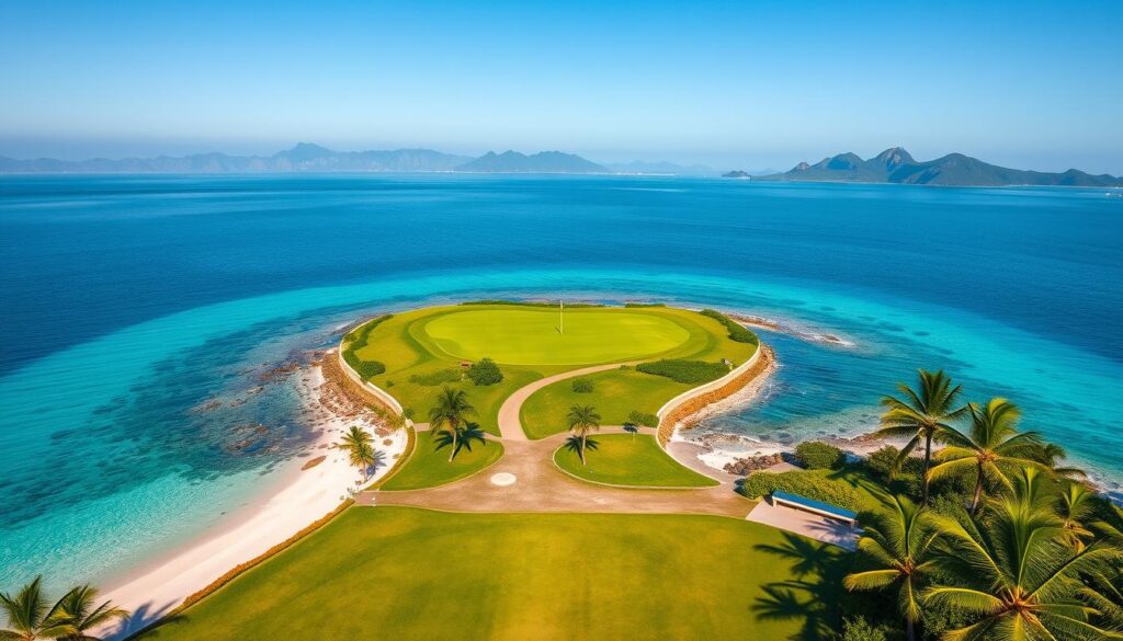 A stunning aerial view of an island green golf course, showcasing a vibrant emerald-green putting surface surrounded by crystal-clear turquoise waters. In the foreground, a meticulously manicured fairway leads up to the island green, bordered by white sandy beaches and lush tropical foliage. The middle ground features colorful flags fluttering in the gentle breeze, while a few golf carts can be seen parked nearby. In the background, picturesque mountains rise against a clear blue sky, with soft, golden sunlight casting warm reflections on the water, creating a serene and inviting atmosphere. The image captures the beauty and allure of this top island green, evoking a sense of challenge and prestige.