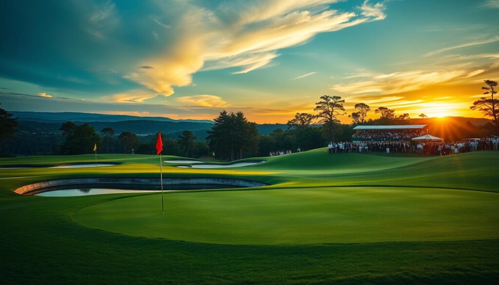 A stunning depiction of an iconic golf closing stretch, showcasing a beautifully designed 18th hole at sunset. In the foreground, lush emerald green grass leads to a pristine golf green, dotted with colorful flags. A water hazard reflects the warm hues of the evening sky. In the middle ground, a gently rolling landscape of manicured fairways, with strategically placed bunkers and spectator stands filled with excited fans in professional business attire, captures the thrill of the moment. The background features a breathtaking view of towering trees and distant hills, bathed in golden hour light. The atmosphere is electric with anticipation and excitement, emphasizing the adrenaline of a nail-biting finish in pro golf. The lens captures a wide-angle view, providing depth and vivid detail, conveying the beauty and challenge of this iconic golf hole.
