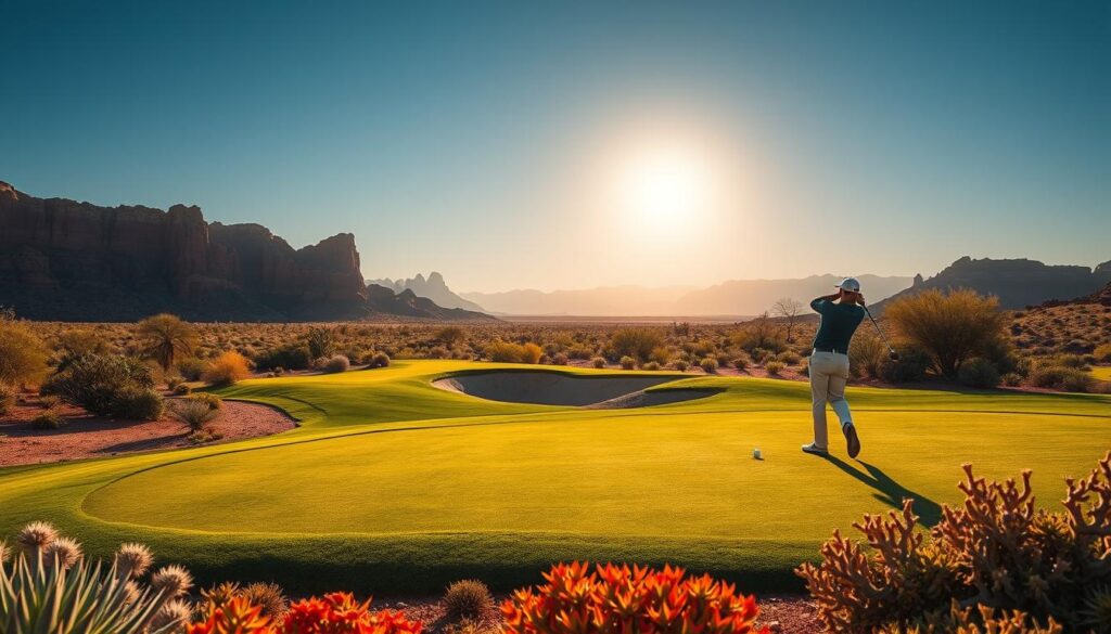 A stunning desert golf course featuring a signature hole with a dramatic view. In the foreground, a well-manicured green surrounded by vibrant desert flora and strategically placed waste bunkers glistening under the sun. The middle ground showcases a challenging hole with a sand trap and a unique cactus formation serving as a natural obstacle. In the background, majestic red rock formations and distant mountains create a breathtaking backdrop against a clear blue sky, with warm golden sunlight casting long shadows. The mood is serene yet exhilarating, evoking the thrill of golfing in an arid paradise. Capture the scene with a wide-angle lens to emphasize the expansive landscape and the golfer in professional attire, focused and poised to drive the ball.