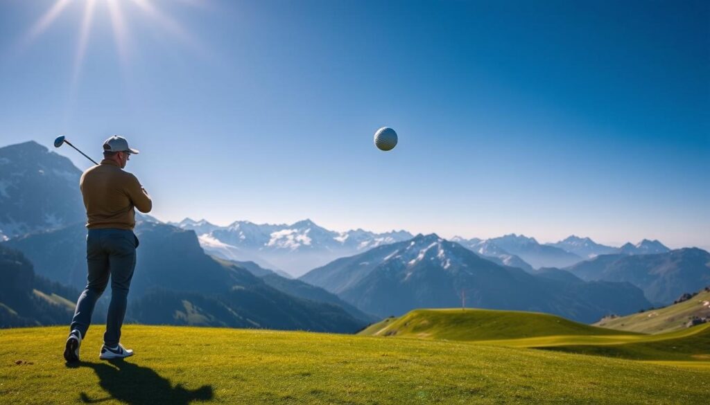 A stunning high-altitude golf course scene, showcasing a golf ball soaring through the vibrant blue sky, illustrating the physics of altitude golf ball flight. In the foreground, a golfer in smart casual attire watches the trajectory of the ball, with a focus on their stance and swing dynamics. The middle ground captures the looming mountains, dusted with patches of snow, and green rolling fairways that drop off steeply. The background includes a clear, expansive horizon of peaks under a bright sun, casting soft shadows across the landscape. The lighting is crisp and clear, enhancing the vivid colors of the grass and adding depth to the scene. The mood conveys exhilaration and adventure, inviting viewers into the unique challenges of high-altitude golf.