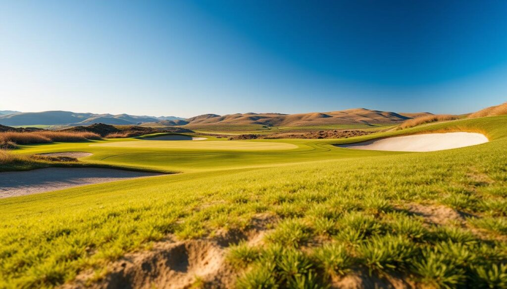 A stunning view of a classic design golf course featuring elegantly shaped bunkers that define the landscape. In the foreground, the sandy edges of the bunkers curve gracefully, their textures captured in fine detail, accented by patches of lush green grass. The middle ground showcases undulating fairways and strategically placed bunkers flanking the hole, while the backdrop reveals rolling hills under a bright blue sky, adding to the idyllic atmosphere. Soft, natural lighting highlights the contours of the terrain, creating a warm and inviting scene. The angle chosen from slightly above gives a comprehensive overview, emphasizing the strategic placement of the bunkers in relation to the course layout. The mood is serene and contemplative, inviting viewers to appreciate the beauty and challenges presented by the course.