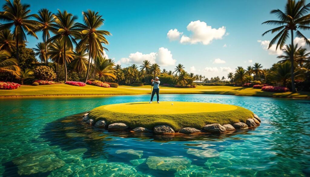 A stunning view of an island green water hazard sitting in the center of a lush golf course. In the foreground, clear, emerald-green water reflects the vibrant colors of the surrounding tropical landscape. The island green, adorned with meticulously manicured grass, displays a gentle undulating surface, surrounded by strategically placed rocks and colorful flowering plants. In the middle ground, a golfer in professional attire stands thoughtfully, club in hand, poised to take a shot. The background features tall palm trees swaying gently in a soft breeze under a bright blue sky with a few fluffy white clouds. The image is bathed in warm, golden sunlight, creating a serene and inviting atmosphere, capturing the beauty and challenge of island greens in a picturesque setting.