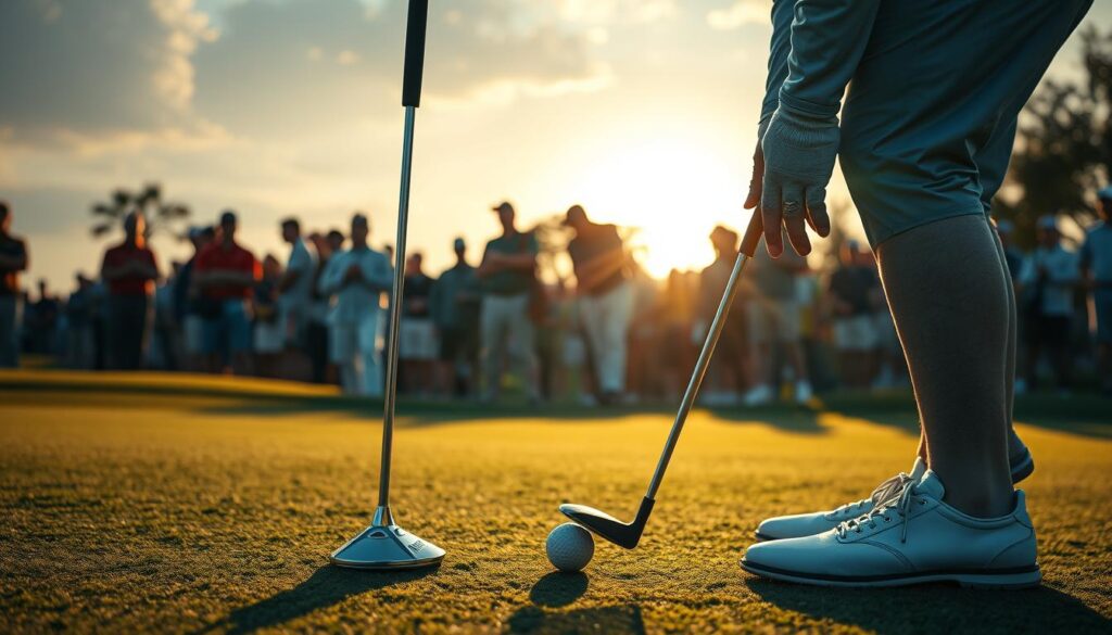 A tense golf tournament scene capturing the mental pressure of the final hole. In the foreground, a golfer in professional attire stands over a crucial putt, sweat glistening on their brow, with hands gripping the putter tightly, embodying focus and determination. The middle ground showcases an anxious caddy watching intently, and a small crowd of spectators holding their breath, their faces reflecting the intensity of the moment. The background features a sun-setting sky casting warm golden hues, juxtaposed against the emerging shadows of the golf course, adding to the dramatic atmosphere. Soft lighting focuses on the golfer while the rest of the scene fades into a slightly blurred background, enhancing the feeling of isolation in this high-pressure moment. Capture this decisive moment with a slightly low angle to emphasize the stakes of the tournament. A tense golf tournament scene capturing the mental pressure of the final hole. In the foreground, a golfer in professional attire stands over a crucial putt, sweat glistening on their brow, with hands gripping the putter tightly, embodying focus and determination. The middle ground showcases an anxious caddy watching intently, and a small crowd of spectators holding their breath, their faces reflecting the intensity of the moment. The background features a sun-setting sky casting warm golden hues, juxtaposed against the emerging shadows of the golf course, adding to the dramatic atmosphere. Soft lighting focuses on the golfer while the rest of the scene fades into a slightly blurred background, enhancing the feeling of isolation in this high-pressure moment. Capture this decisive moment with a slightly low angle to emphasize the stakes of the tournament.