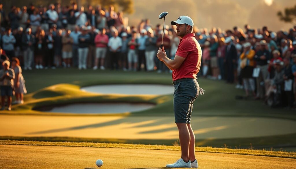 A tense moment on the golf course during a major championship, focused on a professional golfer in a sleek, fitted polo shirt and tailored shorts, poised to take a pivotal pressure shot. The golfer stands on the tee, gripping a high-quality driver, with determination etched on their face. In the foreground, a tee marker and perfectly manicured grass are visible, while the middle ground features a challenging hole with a strategically placed sand trap. The background showcases a vibrant crowd of enthusiasts, dressed in smart casual attire, holding their breath in anticipation. Golden hour lighting bathes the scene, casting soft shadows and adding a warm glow, capturing the high-stakes atmosphere of the tournament. The angle is slightly from the side, emphasizing both the player and the daunting course ahead. The mood is electric and focused, embodying the intensity of professional golf under pressure.