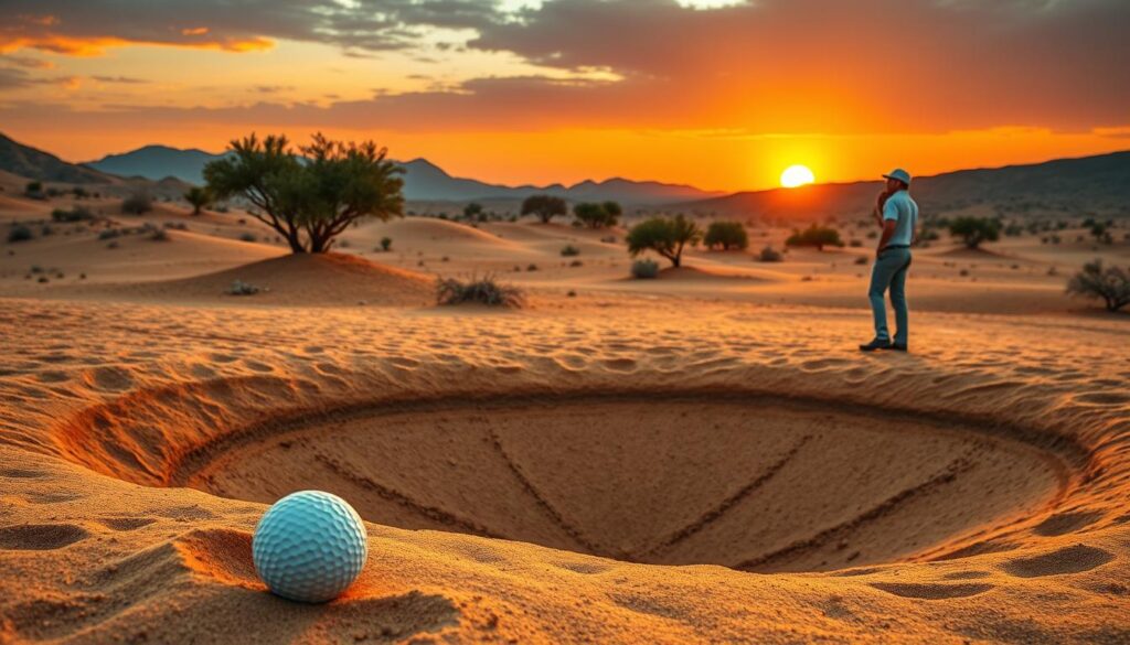 A vast desert golf course featuring a challenging waste bunker, its rugged terrain highlighted by golden sand and scattered desert vegetation. In the foreground, a stylized golf ball rests near the edge of the bunker, while a golfer dressed in smart casual attire surveys the formidable wind conditions. The middle ground reveals undulating hills and sparse trees, their leaves fluttering in the breeze, illustrating the wind's influence. The background is dominated by a striking sunset, casting deep oranges and purples across the arid landscape. The atmosphere is tense yet serene, capturing the unique challenges of golfing in such an environment. The lighting is warm and dynamic, emphasizing the play of shadows and highlights on the sand.