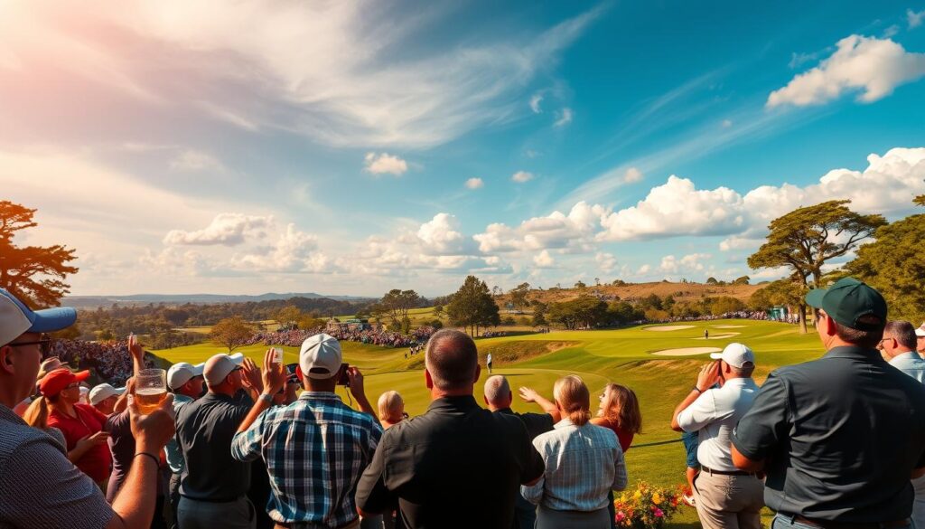 A vibrant and dynamic scene capturing the "Amen Corner" experience at a famous golf tournament. In the foreground, enthusiastic fans, dressed in smart casual attire, are cheering excitedly, holding drinks and wearing golf caps. In the middle ground, golfers are skillfully navigating the iconic holes, showcasing challenging greens and dramatic bunkers. Lush, meticulously maintained fairways line the course, embellished with colorful flowers. The background features a picturesque landscape with towering trees and rolling hills under a bright blue sky streaked with puffy white clouds. The lighting is warm and golden, evoking a lively atmosphere. The angle is slightly elevated, giving a sweeping view of the action and crowd, emphasizing the excitement surrounding this legendary three-hole stretch. The mood is festive and exhilarating, embodying the spirit of golf enthusiasts worldwide. A vibrant and dynamic scene capturing the "Amen Corner" experience at a famous golf tournament. In the foreground, enthusiastic fans, dressed in smart casual attire, are cheering excitedly, holding drinks and wearing golf caps. In the middle ground, golfers are skillfully navigating the iconic holes, showcasing challenging greens and dramatic bunkers. Lush, meticulously maintained fairways line the course, embellished with colorful flowers. The background features a picturesque landscape with towering trees and rolling hills under a bright blue sky streaked with puffy white clouds. The lighting is warm and golden, evoking a lively atmosphere. The angle is slightly elevated, giving a sweeping view of the action and crowd, emphasizing the excitement surrounding this legendary three-hole stretch. The mood is festive and exhilarating, embodying the spirit of golf enthusiasts worldwide.