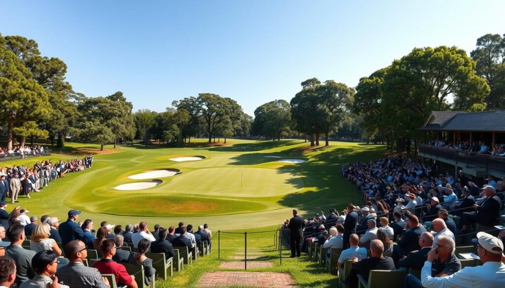 A vibrant, expansive golf course showcasing a championship hole designed for spectators, with luxurious viewing areas and well-maintained greens. In the foreground, elegantly arranged spectator stands filled with professional individuals in business attire, intently watching the action. The middle ground features a beautifully manicured fairway leading to a striking green, with intricately designed sand traps and water hazards adding challenge. In the background, majestic trees frame the scene under a clear blue sky, with soft sunlight creating a warm, inviting atmosphere. The angle captures the excitement of the game, emphasizing both the intensity of the golfers and the engagement of the crowd, while ensuring a sense of harmony and anticipation. Perfect for illustrating an exceptional viewing experience in the world of golf.