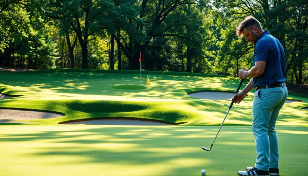 A vibrant, expansive golf green characterized by multilevel contours and undulating slopes. In the foreground, a golfer in smart casual attire carefully studies the green, pointing out different elevations and angles with a putter in hand, showcasing a focused expression. The middle ground features various artificial markers and flags indicating different putting lines, embellished with subtle color gradients to illustrate the terrain’s intricacies. In the background, lush trees frame the scene under gentle sunlight, creating dappled shadows that enhance the depth of the contours. The atmosphere is serene yet intense, conveying the importance of strategy in reading and approaching the unique challenges of this putting surface. The image is captured from a slightly elevated angle, emphasizing the topography while retaining clarity of the golfer’s actions. A vibrant, expansive golf green characterized by multilevel contours and undulating slopes. In the foreground, a golfer in smart casual attire carefully studies the green, pointing out different elevations and angles with a putter in hand, showcasing a focused expression. The middle ground features various artificial markers and flags indicating different putting lines, embellished with subtle color gradients to illustrate the terrain’s intricacies. In the background, lush trees frame the scene under gentle sunlight, creating dappled shadows that enhance the depth of the contours. The atmosphere is serene yet intense, conveying the importance of strategy in reading and approaching the unique challenges of this putting surface. The image is captured from a slightly elevated angle, emphasizing the topography while retaining clarity of the golfer’s actions.